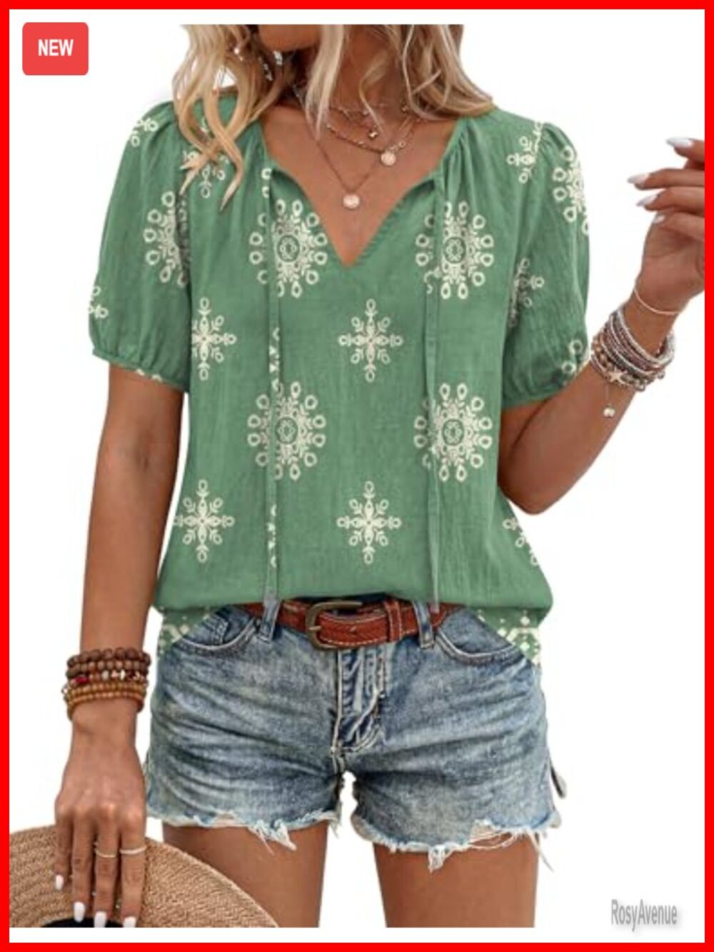 Boho Peasant Blouse Tunic V-Neck Puff Sleeve Rayon Blend